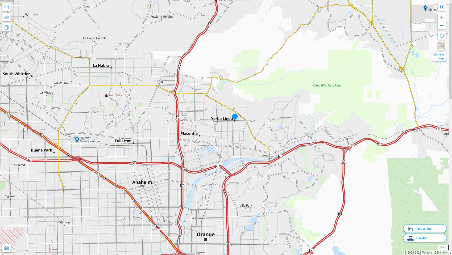 Yorba Linda California Highway and Road Map